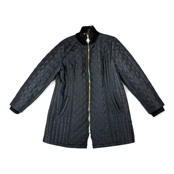 Quilted Puffer Coat Women's Size Medium Black Long Knit Collar Dennis Basso - Picture 1 of 12
